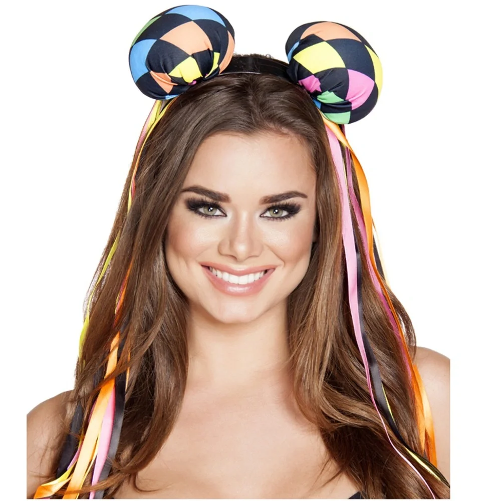 Harlequin Jester Ears Headband with Rainbow Ribbons